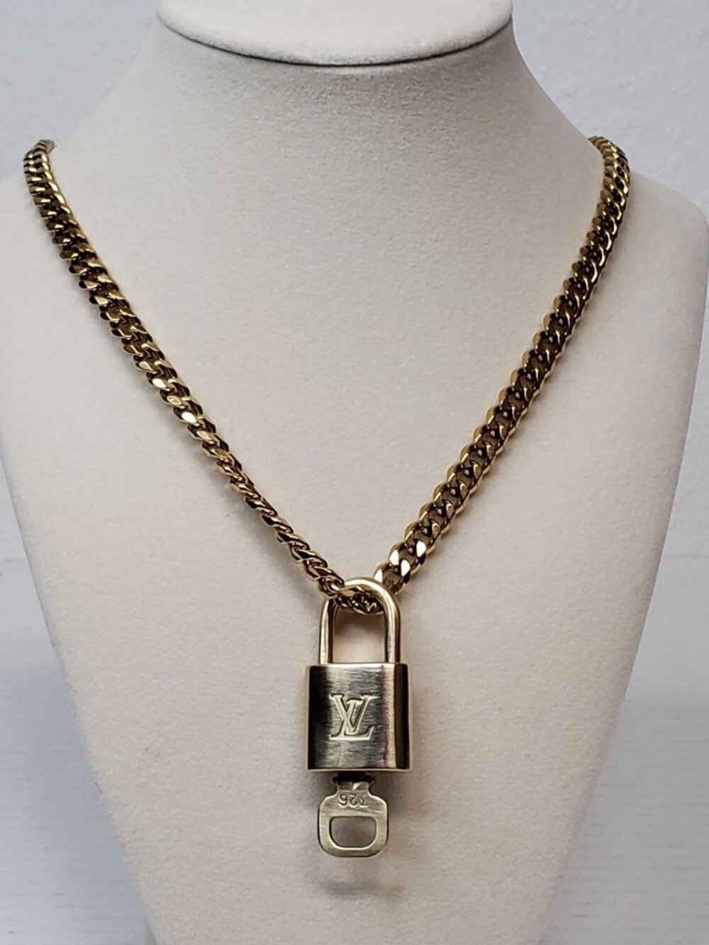 Authentic Louis Vuitton Gold Padlock w/ Unbranded Cuban Stainless Steel Chain#1